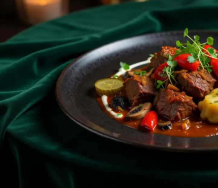 Közelről fotózott fine dining fogás elegáns tálalásban a Lista Fokusz étteremben.
