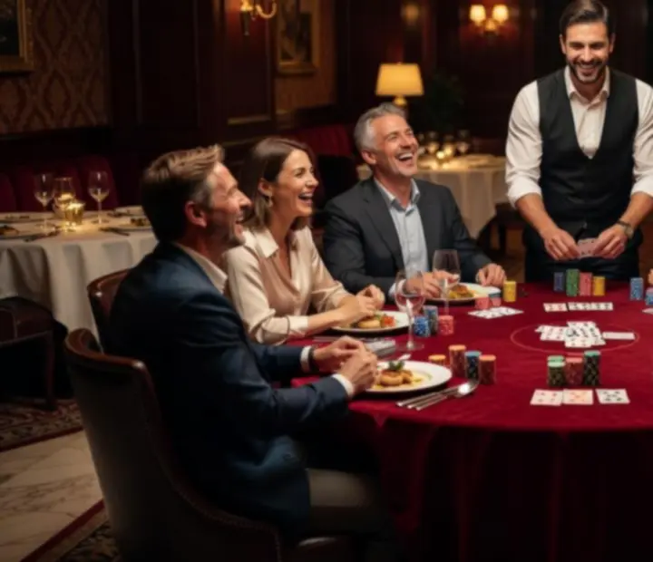 Hangulatos offline poker-est dekoratív kártyaasztallal és játékpénzes zsetonokkal.