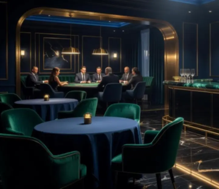 Elegáns, félhomályos étterem és poker lounge belső tér