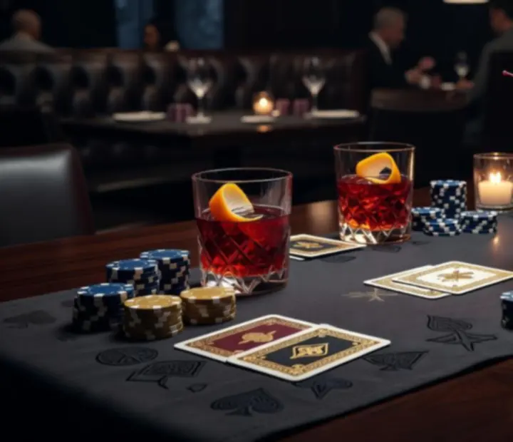 Koktélokkal teli asztal, kártyapaklival és fun-money zsetonokkal egy offline Poker Night estén