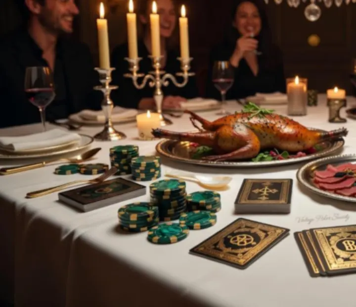 Elegáns, gyertyafényes asztal poker-tematikus dekorációval és fine dining fogásokkal, invitáló esti hangulatban
