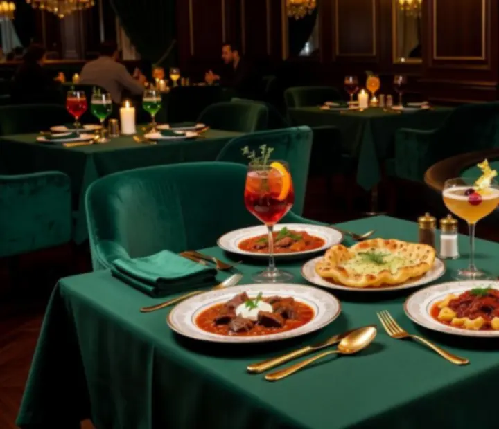 Elegánsan terített vacsoraasztal Budapesten, fine dining fogásokkal és koktélokkal a póker esthez.