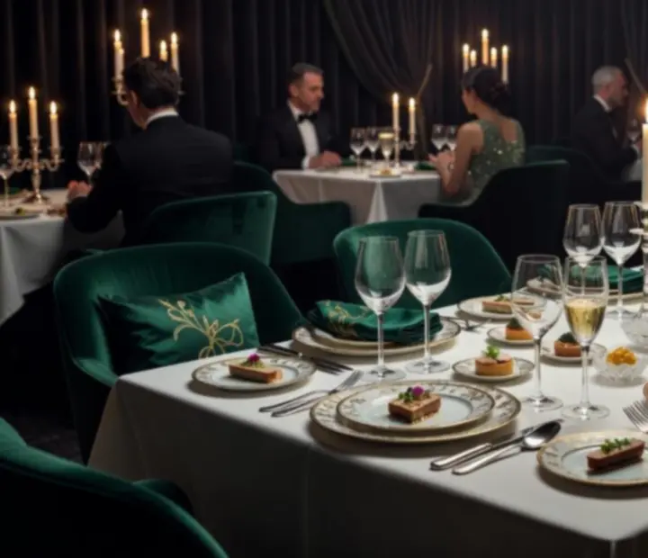Elegáns, finoman megvilágított éttermi asztal fine dining terítékkel, halványan poker-tematikájú részletekkel